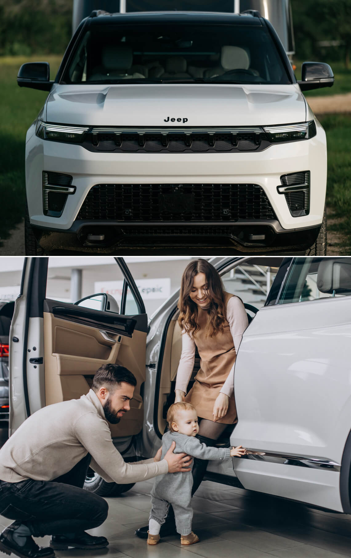 Top: 2026 Jeep Grand Wagoneer in Bfrigh White in front view; bottom: parents help their toddler into the white SUV at a dealership.